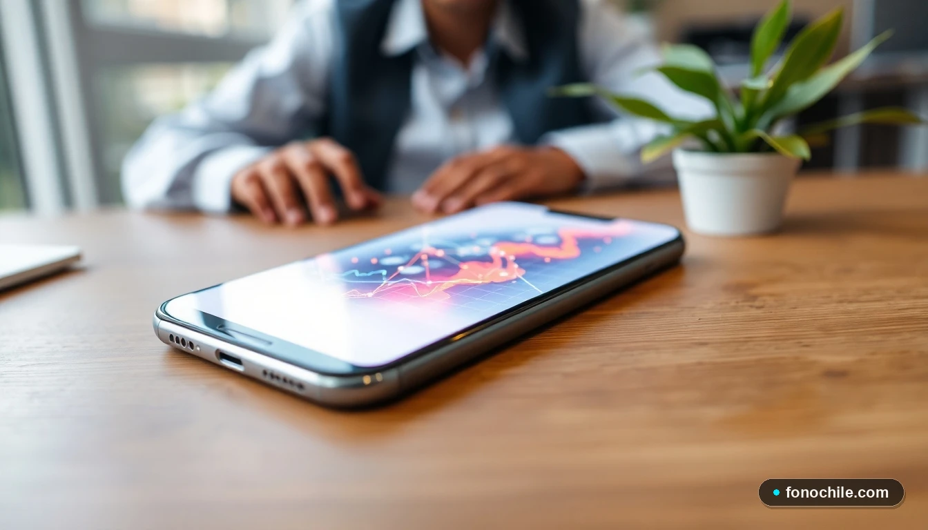 Smartphone mostrando un gráfico abstracto de datos de contacto y conectividad universitaria en Chile.