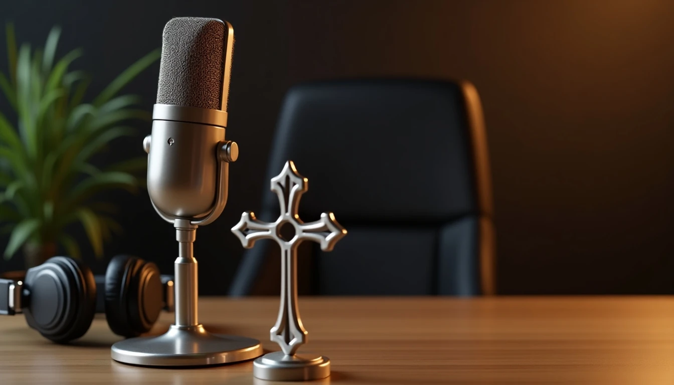 Estudio de radio con micrófono y símbolo católico para Radio María Chile