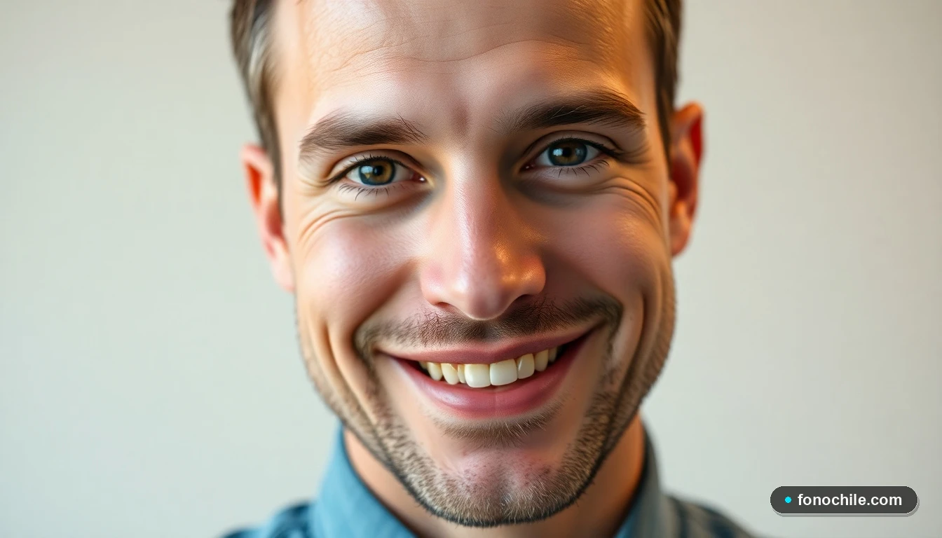 Retrato cercano de un presentador de radio sonriendo, transmitiendo calidez y confianza al oyente.