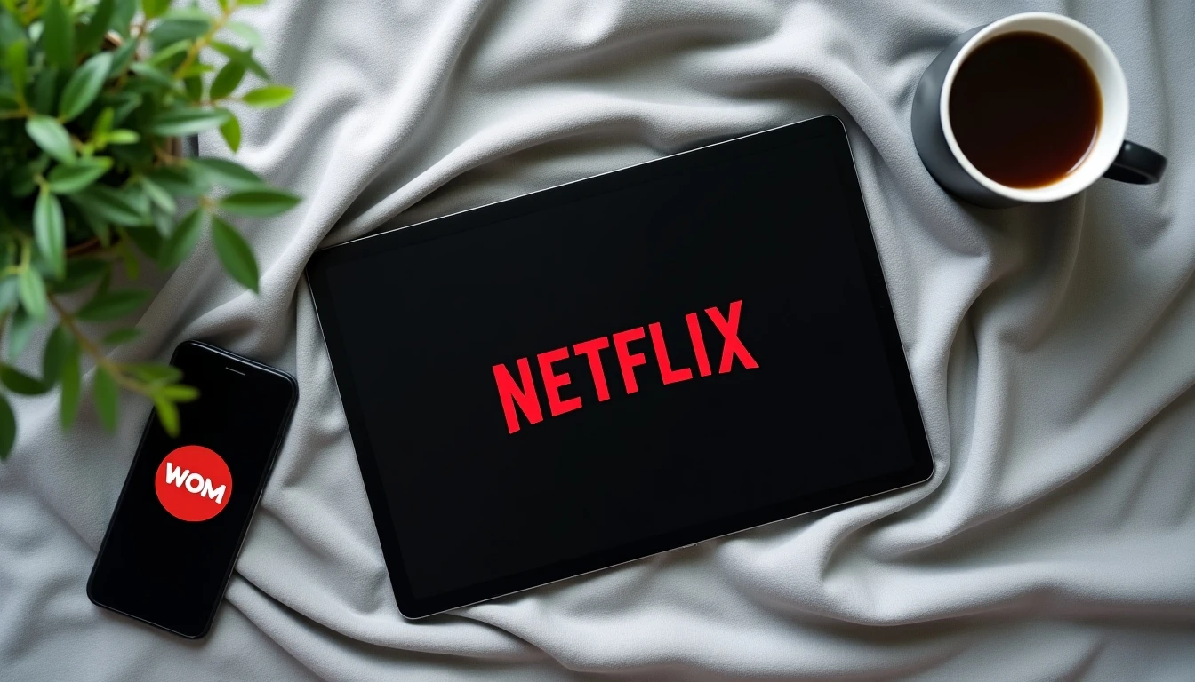 Tablet con Netflix y smartphone con app WOM para contratar el servicio