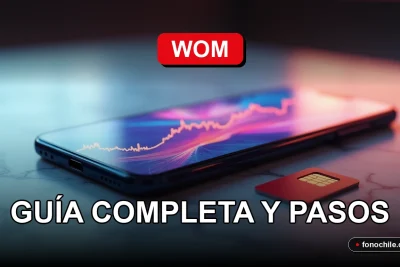 Un smartphone moderno mostrando gráficos abstractos de colores, descansando sobre una mesa junto a una tarjeta SIM WOM, sobre un fondo minimalista.