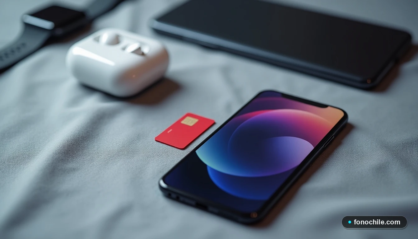 Vista superior de un conjunto tecnológico: smartphone, tarjeta SIM WOM y accesorios modernos, organizados sobre una superficie textil gris.