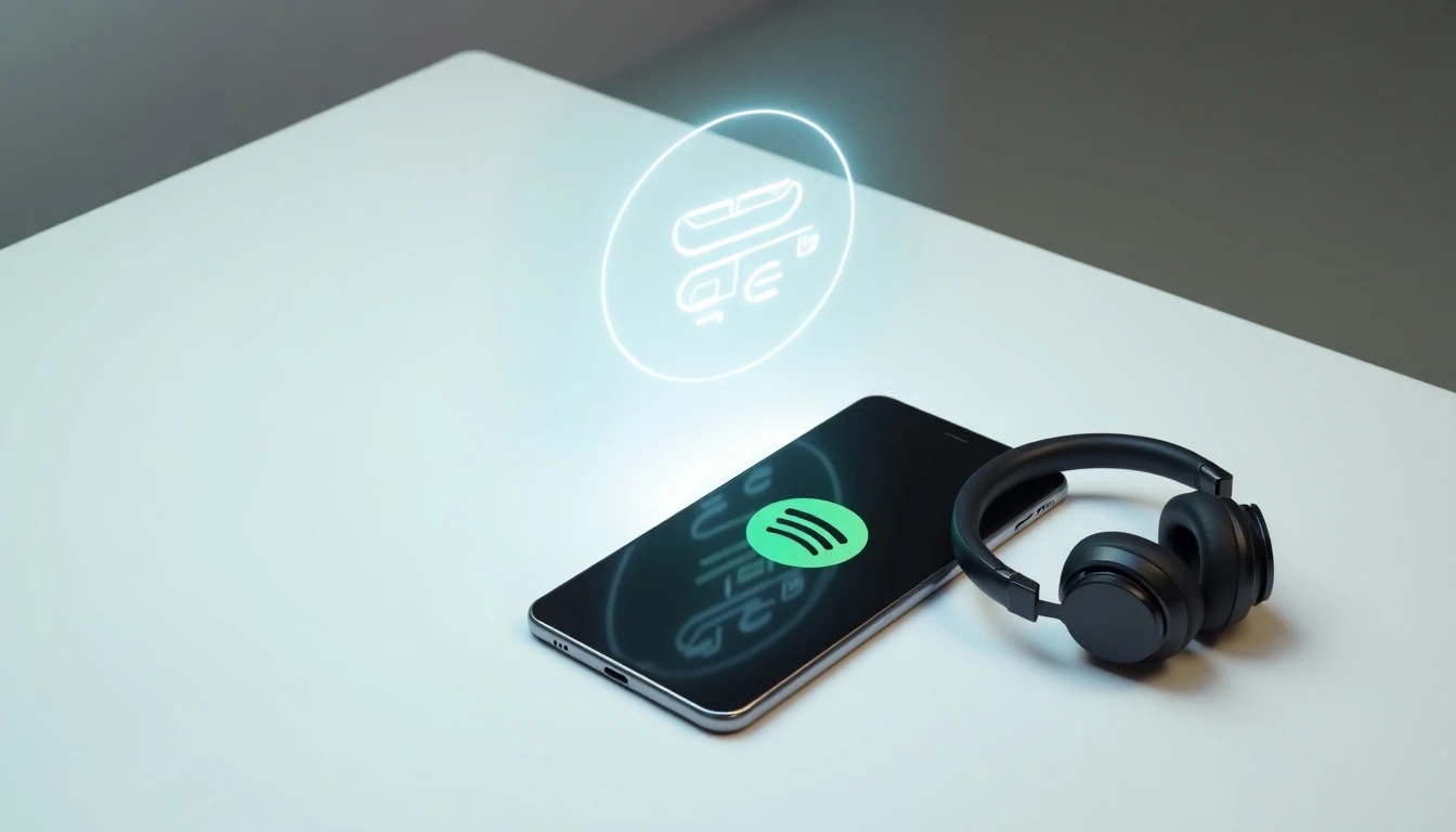 Smartphone con Spotify y auriculares inalámbricos junto al logo de Entel - Contratar Spotify Premium