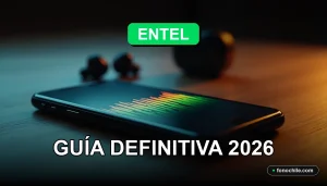 Un teléfono inteligente moderno con pantalla que muestra gráficos abstractos de colores, descansando sobre una mesa de madera clara junto a auriculares inalámbricos. Fondo minimalista con iluminación suave.