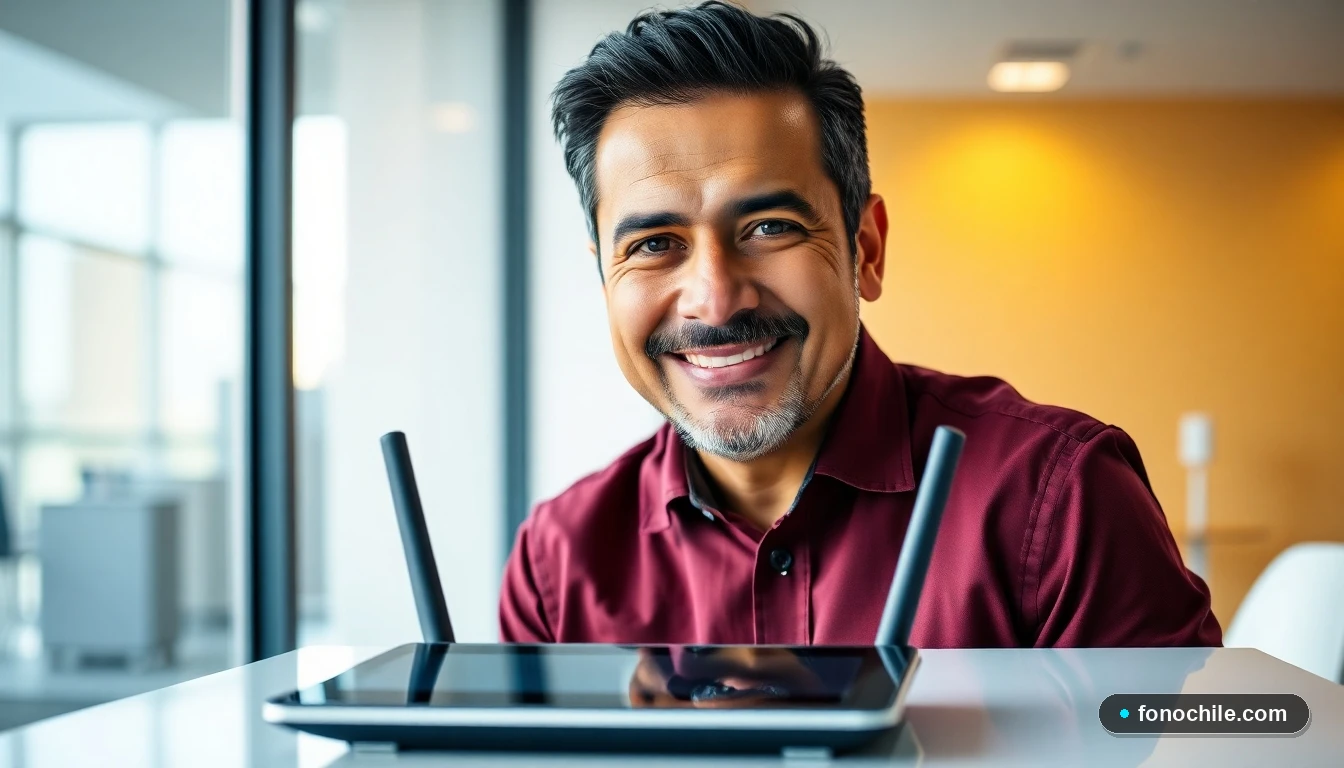 Businessman discussing telecom solutions in a modern office with a tablet and router on the table.