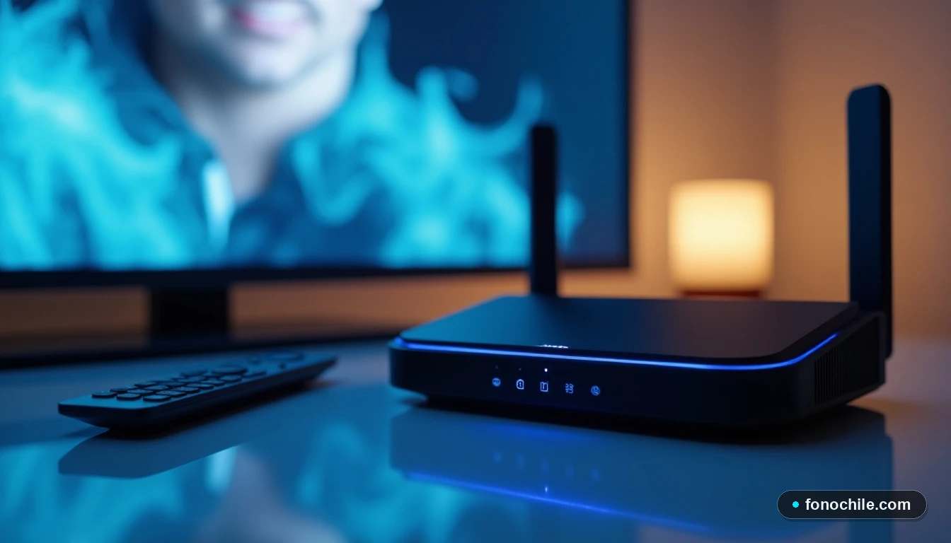 Detalle del router moderno de Movistar con luz LED azul, integrado en un salón contemporáneo para streaming.