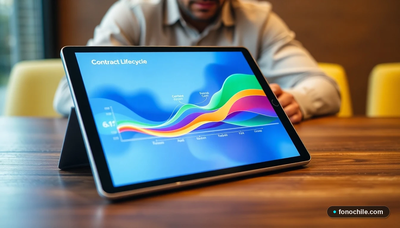 Gráfico abstracto de colores que representa el ciclo de vida de un contrato de telefonía móvil en una tablet moderna.