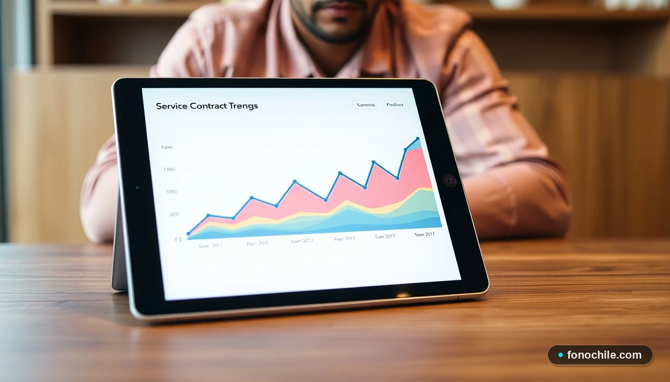 Gráfico abstracto de tendencias de contratos de servicios esenciales en Chile mostrado en una tablet moderna.