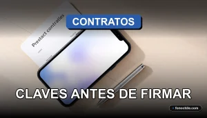 Un teléfono inteligente moderno sobre un escritorio de madera, mostrando gráficos abstractos en su pantalla, junto a un documento de contrato y un bolígrafo estilizado.