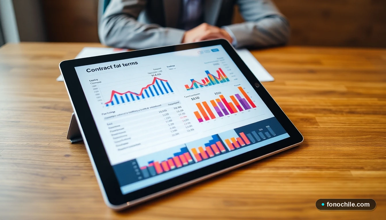Gráfico abstracto de colores mostrando términos y condiciones de un contrato de telefonía móvil en una tablet.