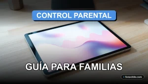 Una guía moderna sobre controles parentales digitales en Chile, mostrando una tableta con gráficos abstractos en un escritorio ordenado.