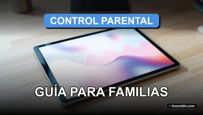 Una guía moderna sobre controles parentales digitales en Chile, mostrando una tableta con gráficos abstractos en un escritorio ordenado.