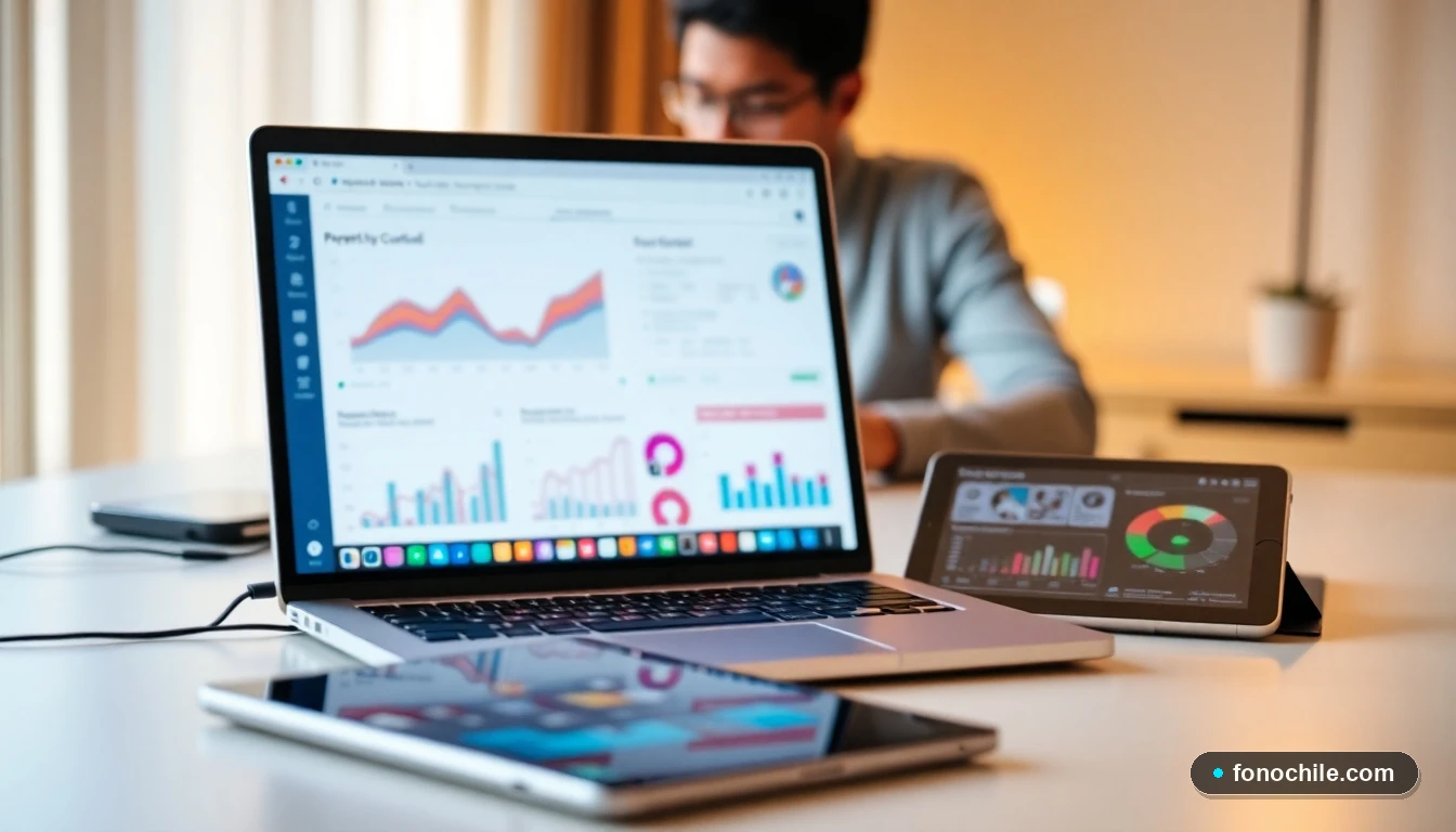 Panel de control parental digital mostrando gráficos de actividad y configuraciones de seguridad en dispositivos modernos.