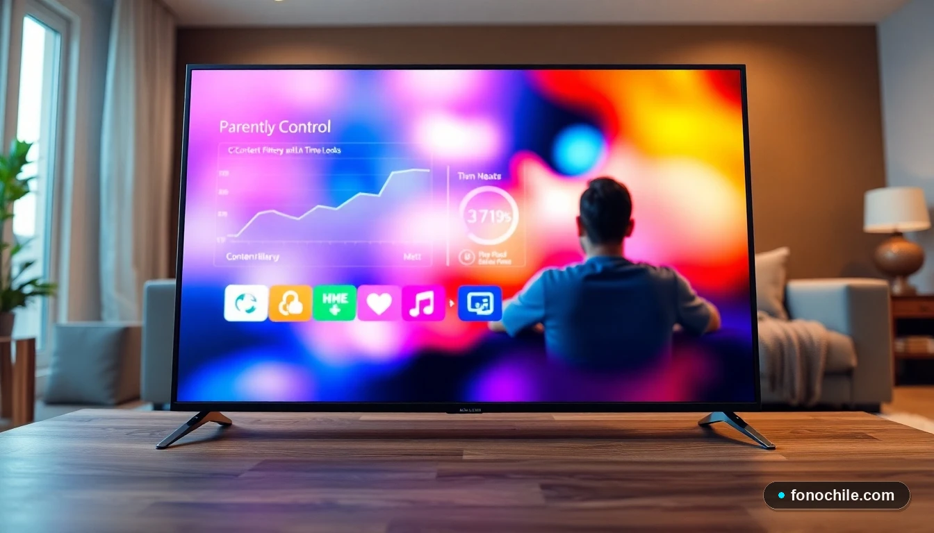 Interfaz abstracta de control parental con gráficos de colores en la pantalla de un televisor moderno.
