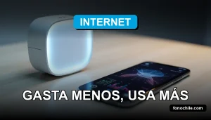 Moderno smartphone con pantalla mostrando gráficos abstractos de colores, descansando sobre una mesa de madera clara junto a un router con luces LED azules.