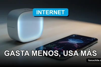 Moderno smartphone con pantalla mostrando gráficos abstractos de colores, descansando sobre una mesa de madera clara junto a un router con luces LED azules.