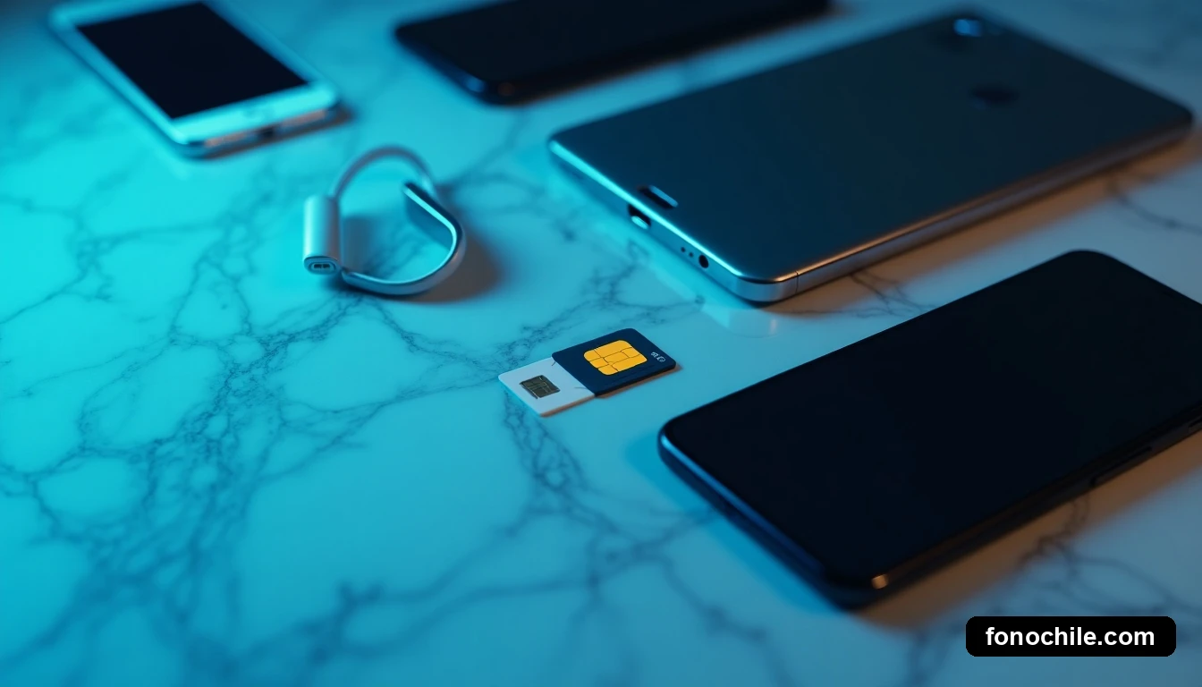 Vista aérea de una tarjeta SIM, un teléfono móvil y un módem de fibra óptica modernos, organizados sobre una superficie de mármol claro.