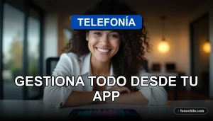 Una mujer latina sonríe mientras usa la aplicación de control total de su operadora de telefonía en 2026.