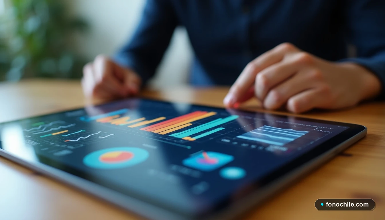 Gráficos abstractos de colores mostrando el control de servicios de telefonía desde una aplicación móvil en una tablet.