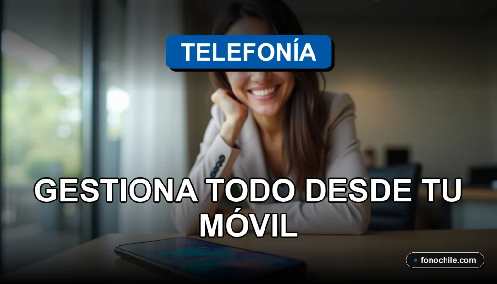 Una mujer latina sonríe con confianza mientras mira la cámara. Detrás, un teléfono móvil moderno reposa sobre un escritorio de madera clara, mostrando gráficos abstractos de colores en su pantalla.