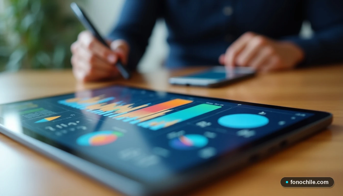 Tablet mostrando gráficos abstractos de gestión de servicios de telefonía junto a un smartphone, sobre una mesa de madera.