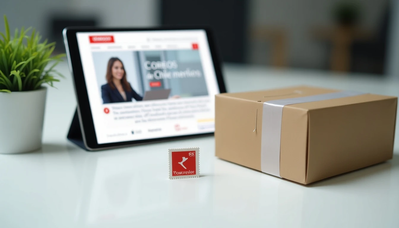 Paquete listo para envío con estampilla de Correos de Chile en escritorio moderno.