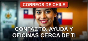 Oficina moderna de Correos de Chile con bandera nacional y mostrador de atención al cliente.