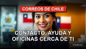 Oficina moderna de Correos de Chile con bandera nacional y mostrador de atención al cliente.
