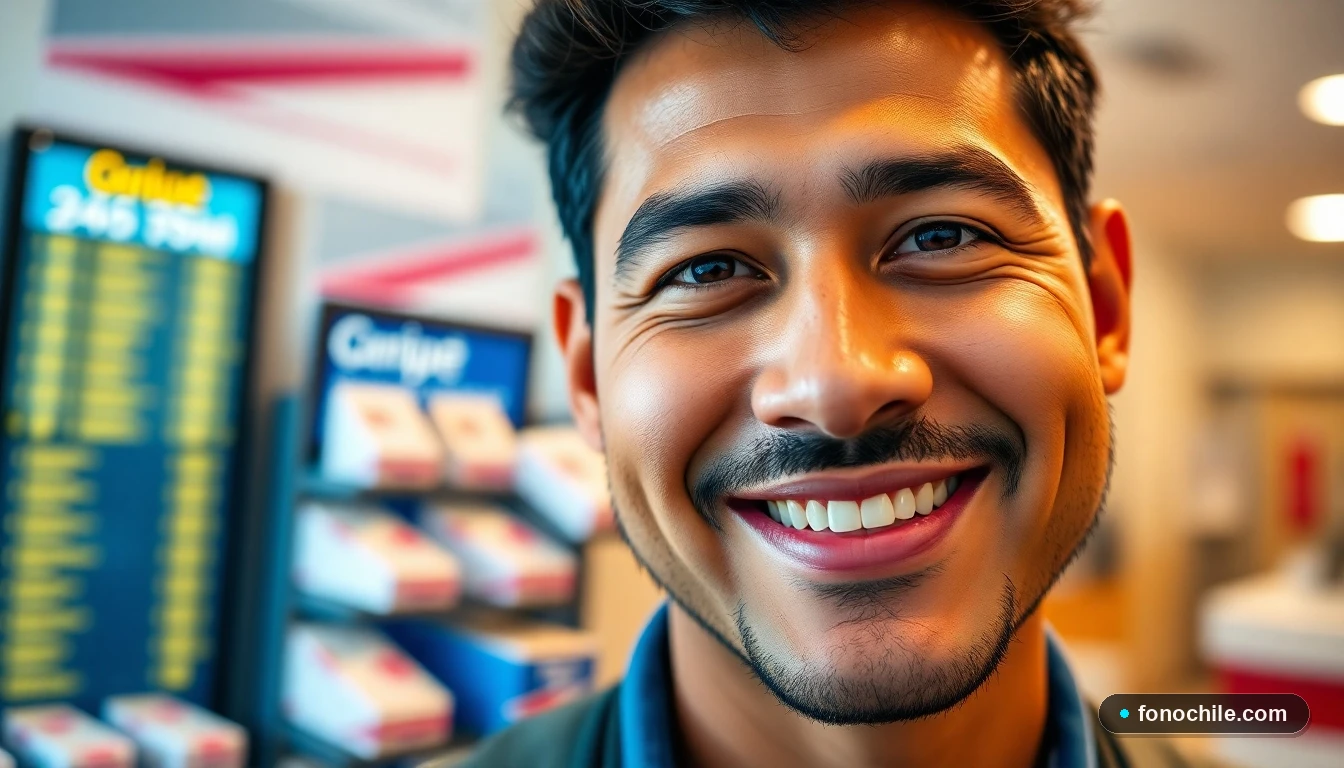 Cliente satisfecho en el lobby de una oficina de Correos de Chile.