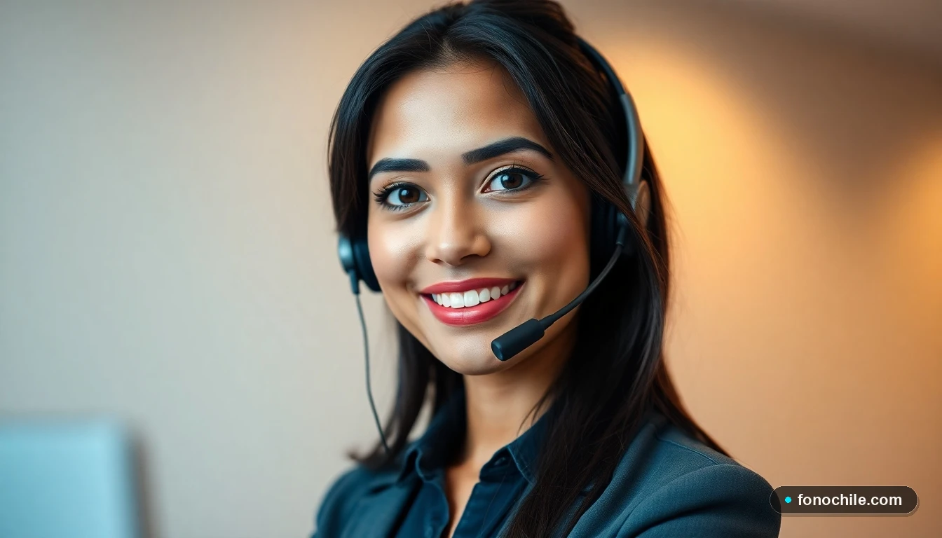 Retrato profesional de una agente de servicio al cliente de Correos de Chile, sonriendo y usando un auricular, lista para atender.