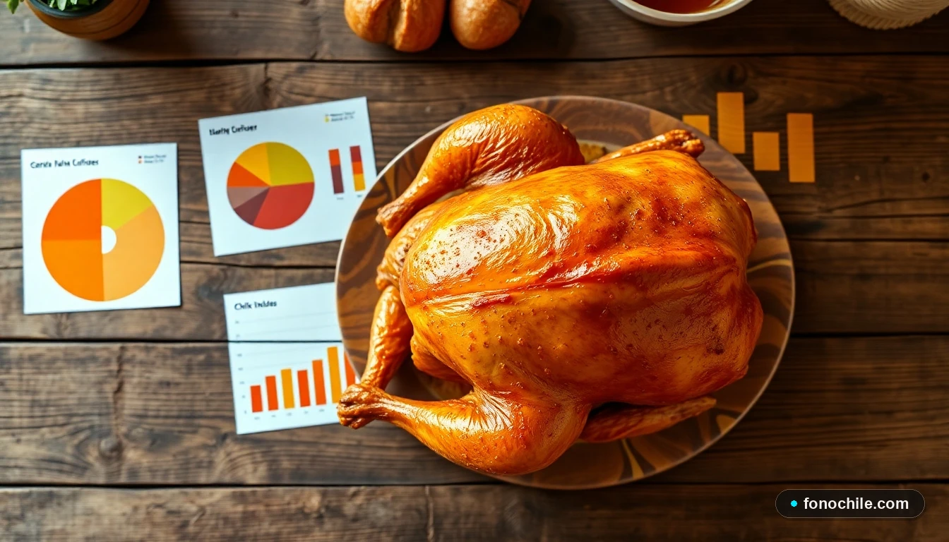 Pollo asado entero dorado sobre una mesa de madera, con gráficos abstractos de colores mostrando datos de consumo.