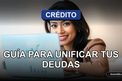 Una mujer latina sonríe con confianza mientras usa una laptop con gráficos abstractos, representando la consolidación de deudas.