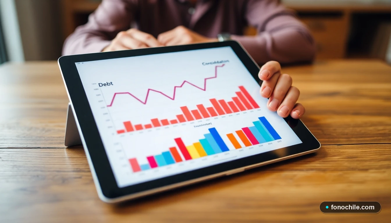 Gráficos abstractos de colores que muestran la consolidación de deudas y la mejora de la salud financiera en una tablet.