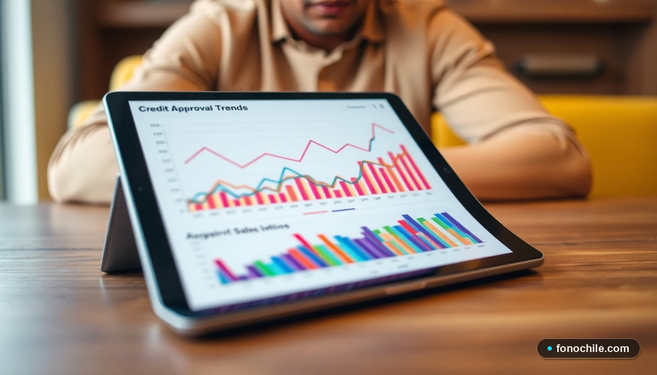 Gráficos abstractos de colores que muestran tendencias de aprobación de crédito y datos de ventas retail en Chile.