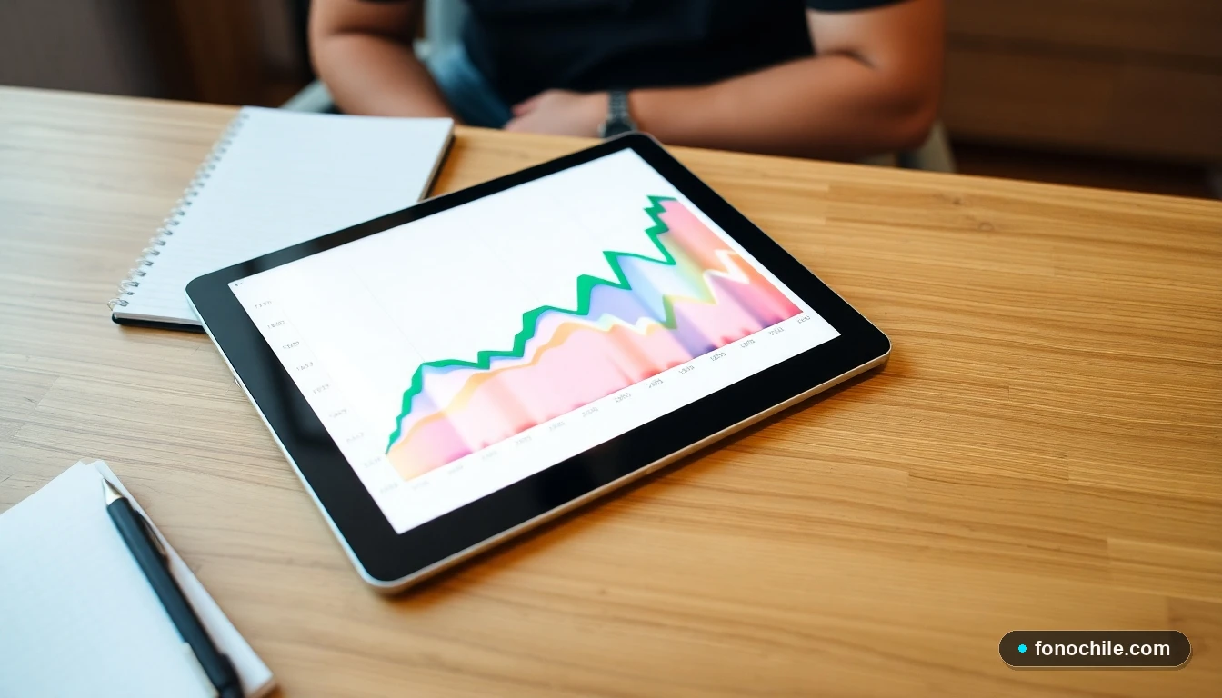 Gráfico abstracto de tendencia alcista mostrando la evolución de tasas hipotecarias en Chile, visualizado en una tablet.