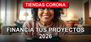 Mujer hispana sonriendo en su hogar renovado, con un teléfono mostrando gráficos de colores, representando el crédito para proyectos del hogar.