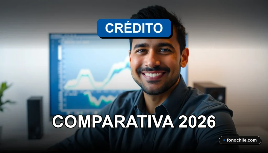 Hombre hispano sonriendo en oficina moderna con gráficos abstractos en pantalla de fondo, concepto de comparativa de crédito vehicular.