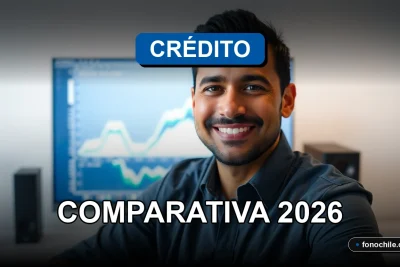 Hombre hispano sonriendo en oficina moderna con gráficos abstractos en pantalla de fondo, concepto de comparativa de crédito vehicular.