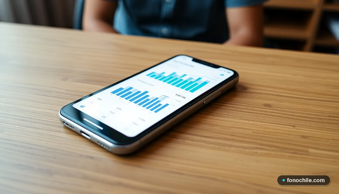 Smartphone mostrando gráficos abstractos de simulación de crédito hipotecario en colores azul y verde.