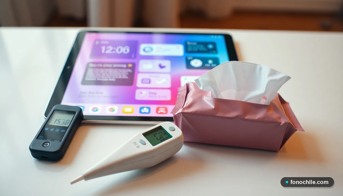 Vista superior de productos de cuidado personal en una farmacia moderna junto a una tableta con interfaz genérica.