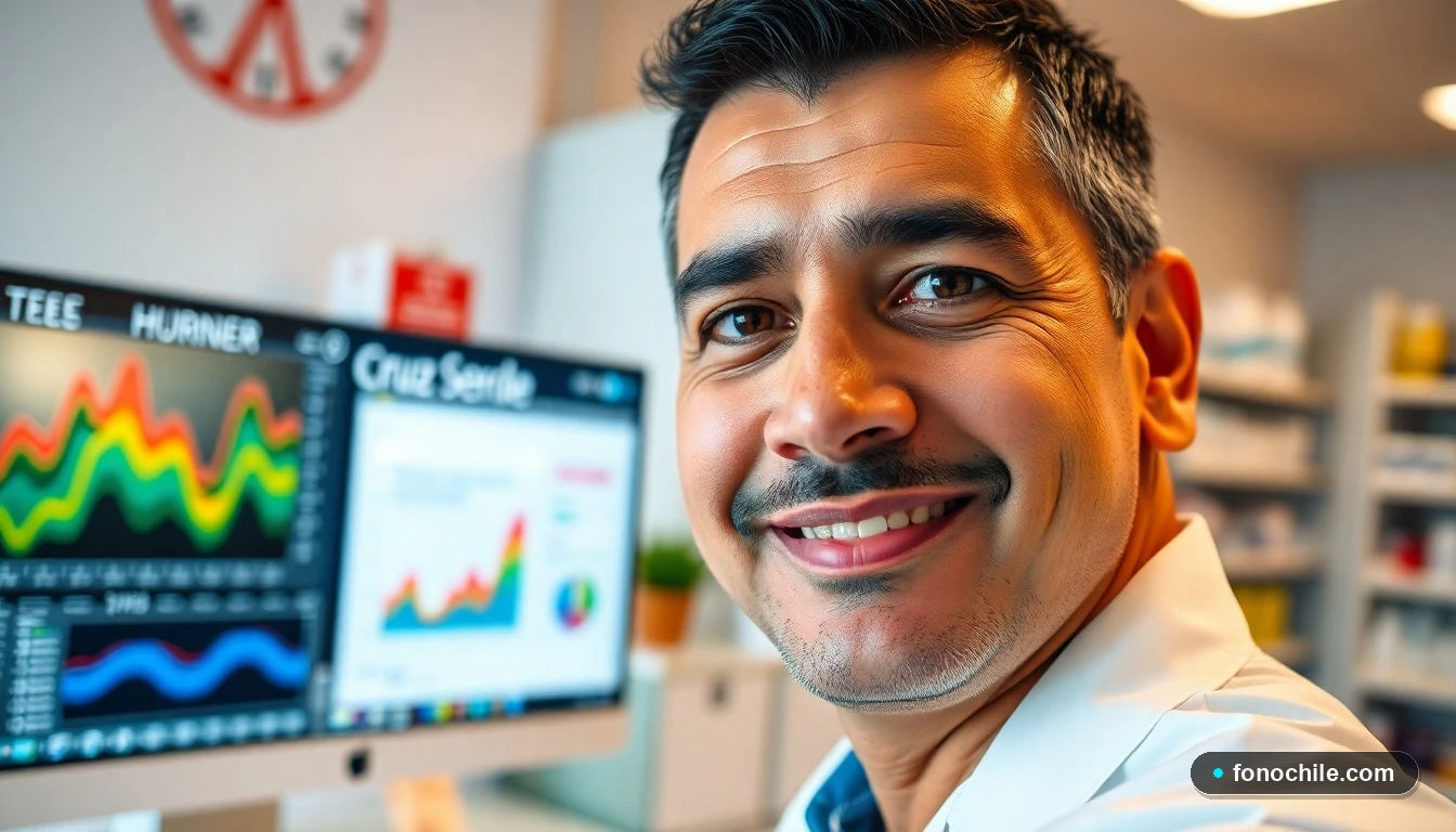 Farmacéutico hispano de Cruz Verde atendiendo detrás del mostrador, con una pantalla de computadora mostrando gráficos abstractos.