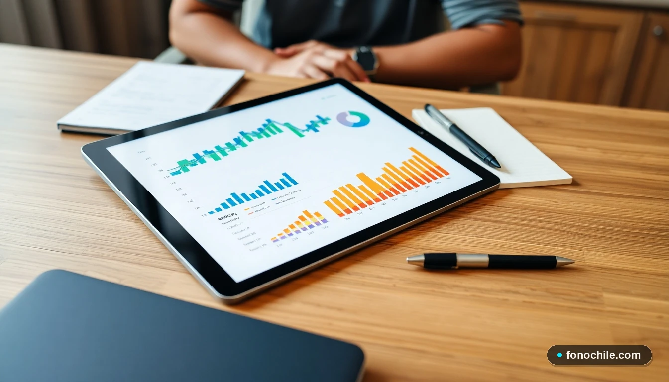 Tableta mostrando gráficos abstractos de crecimiento de ahorros financieros en colores vibrantes