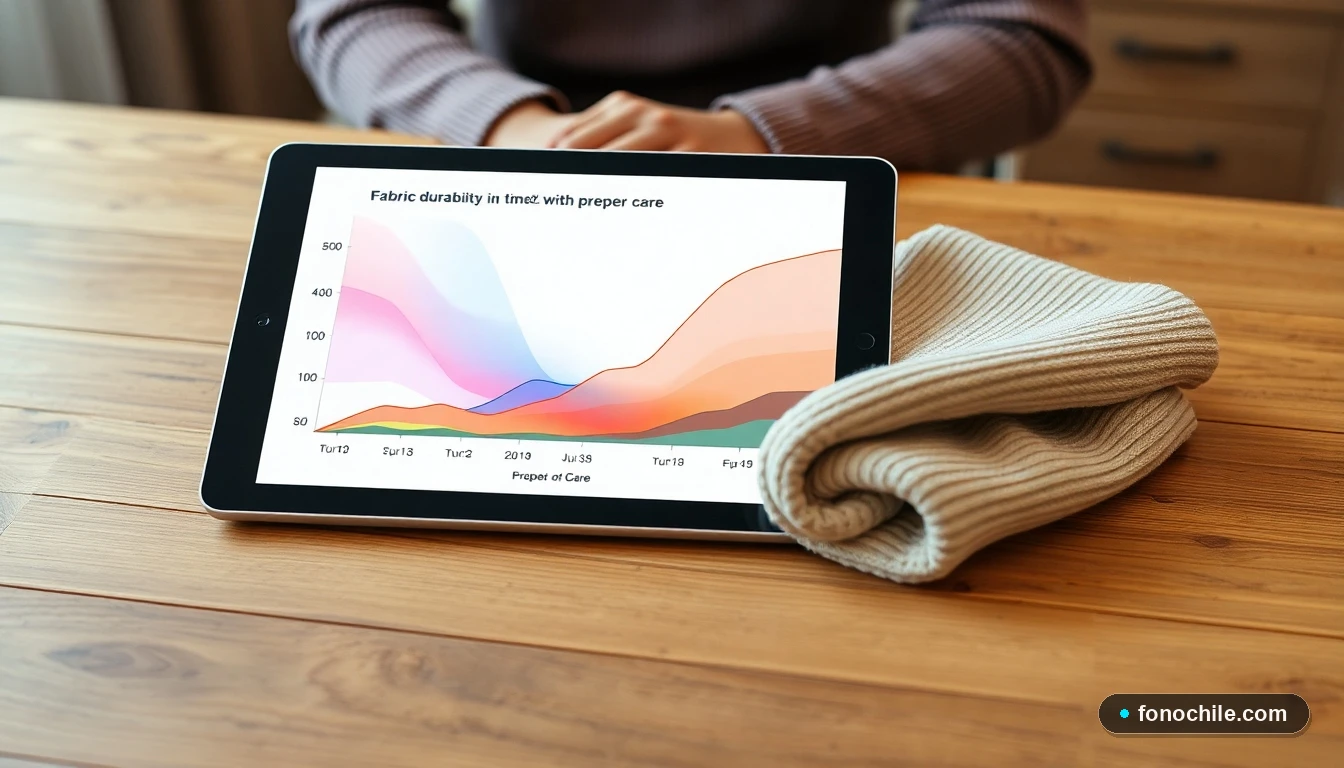 Gráfico abstracto de durabilidad de tejidos junto a un suéter de tejido premium beige perfectamente doblado, representando el cuidado profesional.