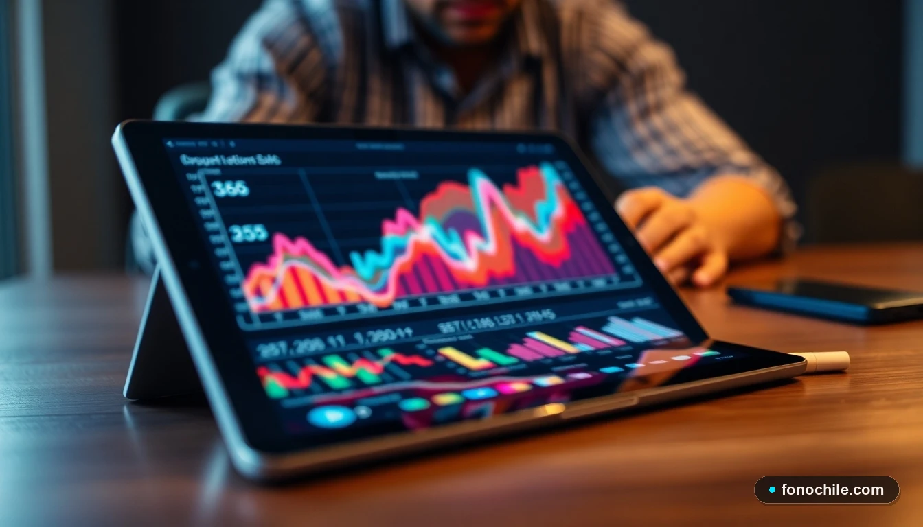 Visualización abstracta de datos de tendencias globales en telecomunicaciones mostrada en una tablet sobre una mesa de trabajo.