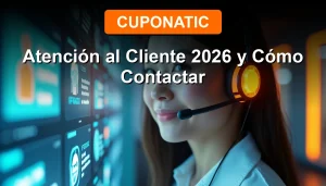 Mujer sonriente hablando por un auricular de diseño moderno, con logotipo de Cuponatic y códigos de descuento brillantes en pantalla holográfica.