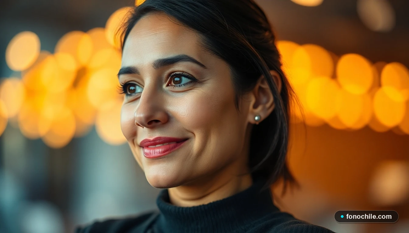 Primer plano de la representante de atención al cliente de Cuponatic escuchando con atención, con un fondo desenfocado de luces cálidas.