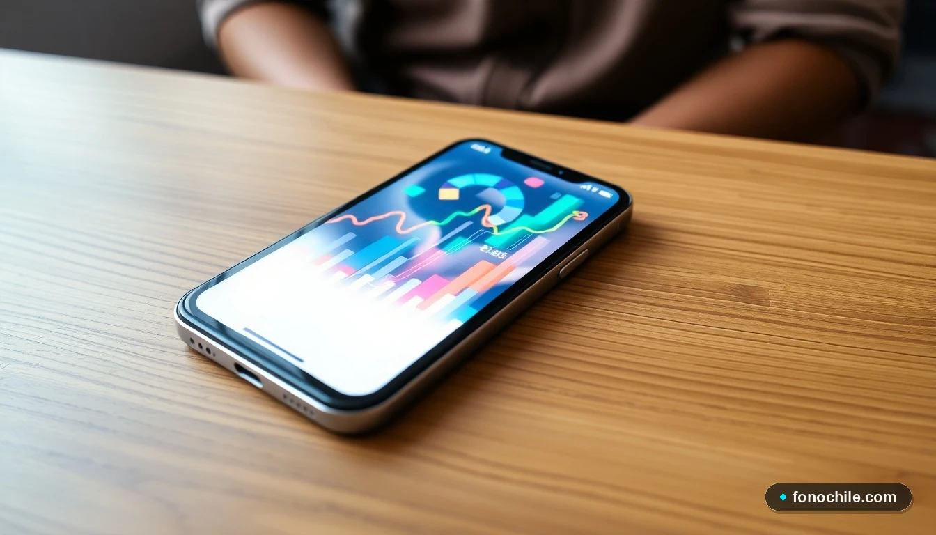 Smartphone mostrando gráficos abstractos de datos ilimitados sobre una mesa de madera, concepto de conectividad móvil en Chile.
