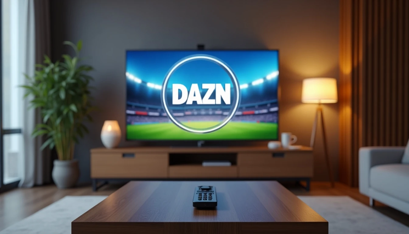 Persona viendo DAZN en una Smart TV moderna en su sala, streaming de deportes en vivo.