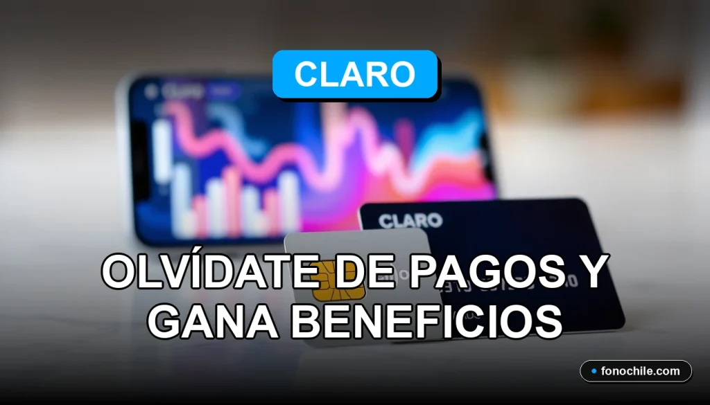 Una tarjeta SIM Claro sobre una mesa, con gráficos abstractos de colores en una pantalla de fondo, representando el débito automático y sus beneficios.