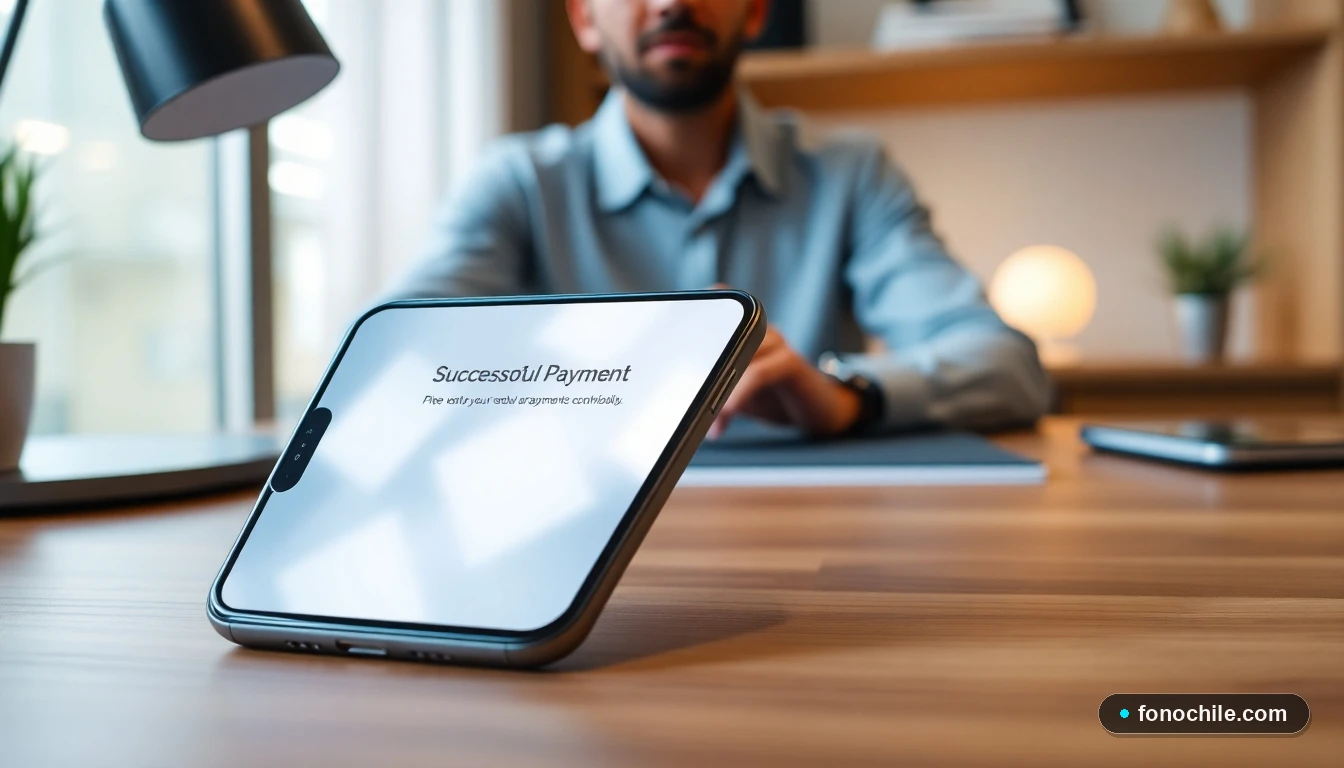 Smartphone mostrando confirmación de pago automático en un escritorio doméstico moderno.